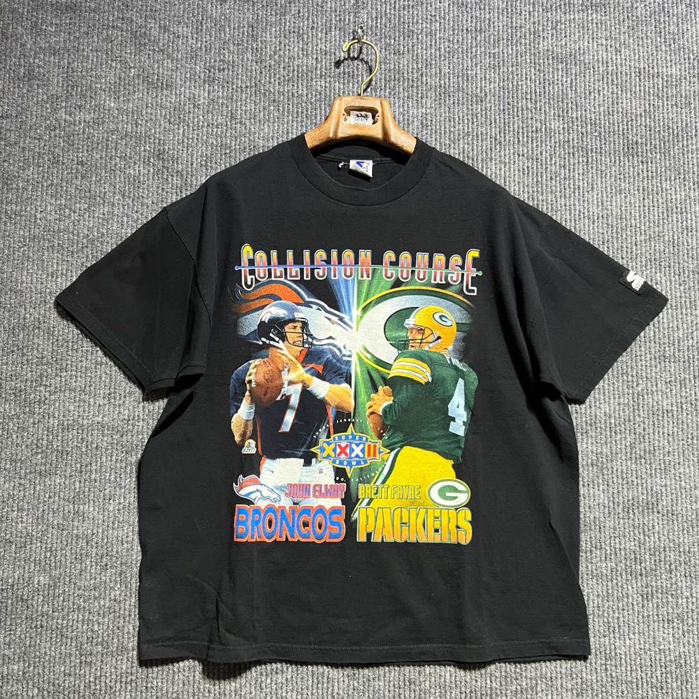 Vintage Broncos Packers Starter T Shirt Mens‎ XL Black Super Bowl XXXII Graphic